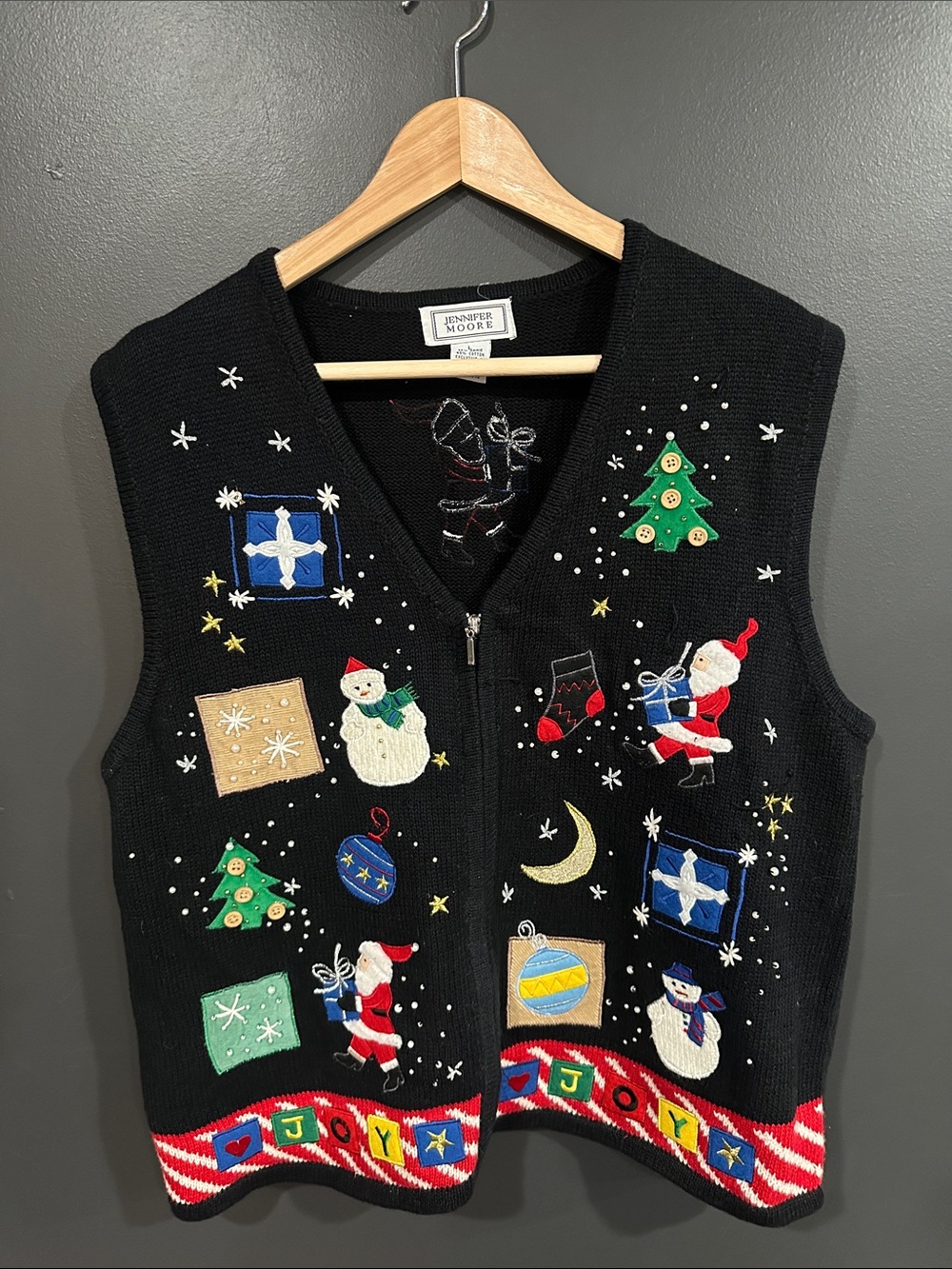 Jennifer Moore Black Holiday Embroidered Zip-Front Sweater Vest